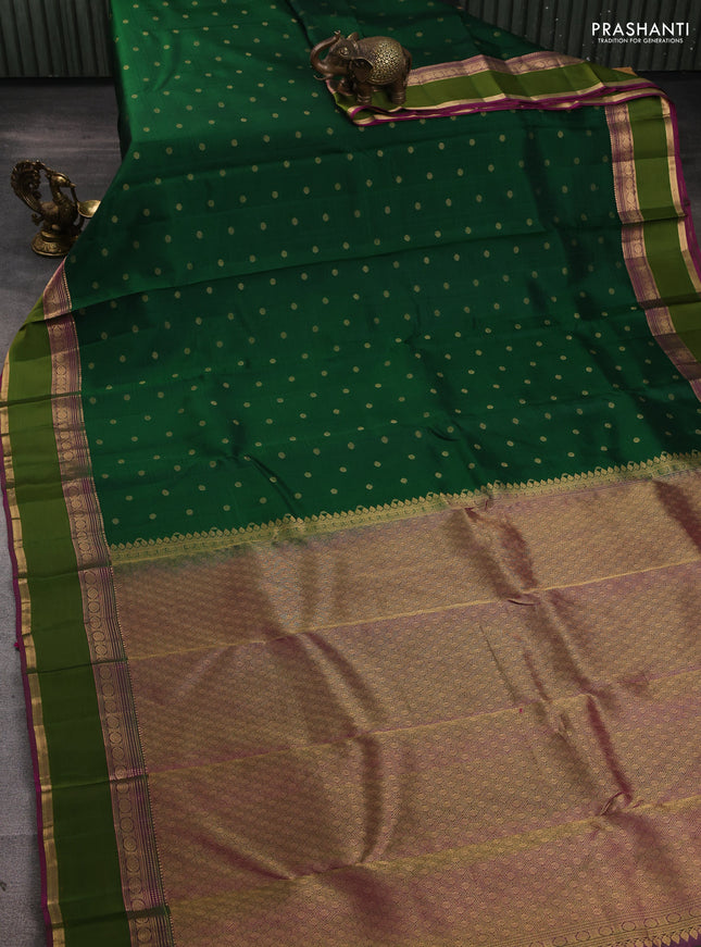 Pure kanchipuram silk saree bottle green and pink with allover checks & zari woven 1000 buttas and rettapet zari woven border