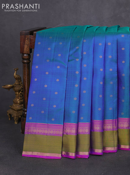 Pure kanchipuram silk saree dual shade of bluish green with allover checks & zari woven 1000 buttas and rettapet zari woven border