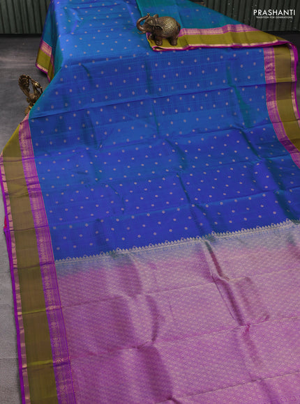Pure kanchipuram silk saree dual shade of bluish green with allover checks & zari woven 1000 buttas and rettapet zari woven border