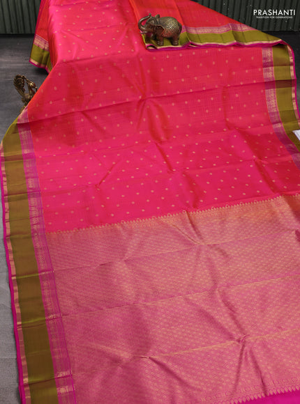 Pure kanchipuram silk saree dual shade of pinkish orange with allover checks & zari woven 1000 buttas and rettapet zari woven border