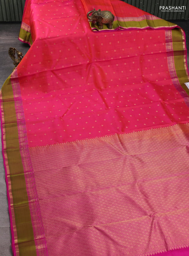Pure kanchipuram silk saree dual shade of pinkish orange with allover checks & zari woven 1000 buttas and rettapet zari woven border