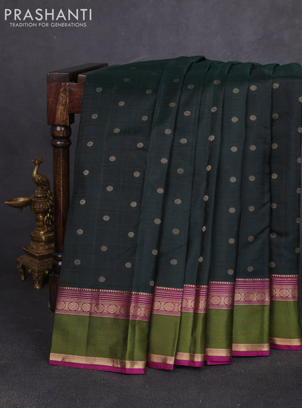 Pure kanchipuram silk saree bottle green and pink with allover checks & zari woven 1000 buttas and rettapet zari woven border