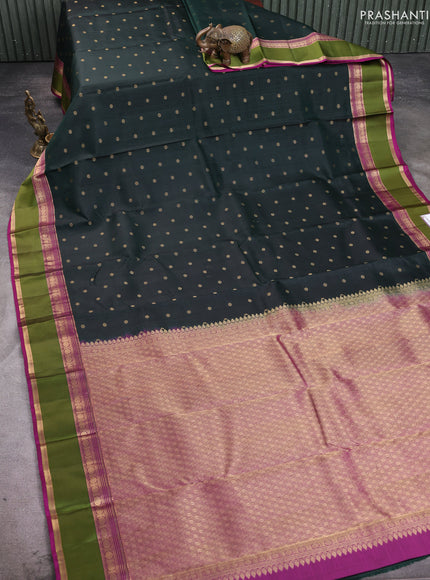 Pure kanchipuram silk saree bottle green and pink with allover checks & zari woven 1000 buttas and rettapet zari woven border