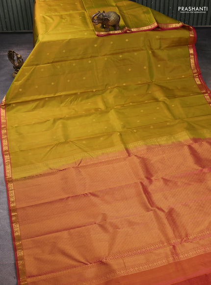 Pure kanchipuram silk saree mehendi green and pink with allover zari woven buttas and small zari woven border