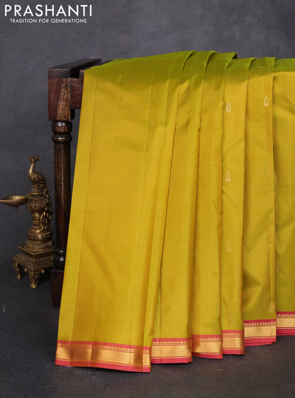 Pure kanchipuram silk saree mehendi green and pink with allover zari woven buttas and small zari woven border