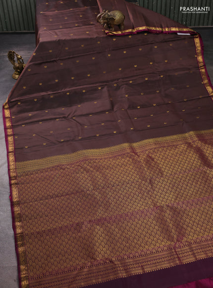 Pure kanchipuram silk saree brown and magenta pink with allover zari woven buttas and small zari woven border