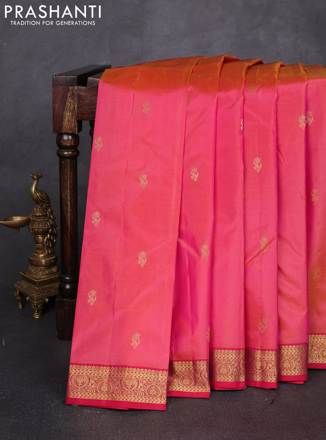 Pure kanchipuram silk saree dual shade of pink and tomato pink with allover zari woven buttas and small zari woven border
