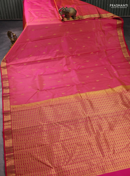Pure kanchipuram silk saree dual shade of pink and tomato pink with allover zari woven buttas and small zari woven border