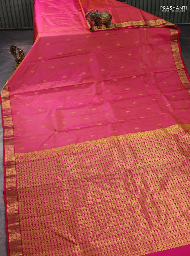 Pure kanchipuram silk saree dual shade of pink and tomato pink with allover zari woven buttas and small zari woven border