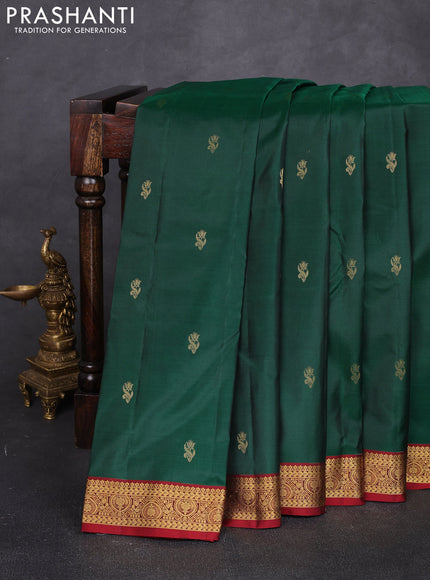 Pure kanchipuram silk saree bottle green and maroon with allover zari woven buttas and small zari woven border