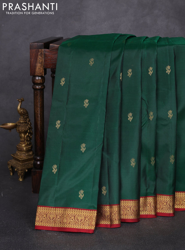 Pure kanchipuram silk saree bottle green and maroon with allover zari woven buttas and small zari woven border