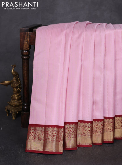 Pure kanchipuram silk saree pastel pink and maroon with allover zari stripes & zari woven 1000buttas and zari woven korvai border