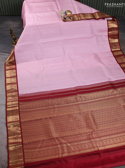 Pure kanchipuram silk saree pastel pink and maroon with allover zari stripes & zari woven 1000buttas and zari woven korvai border