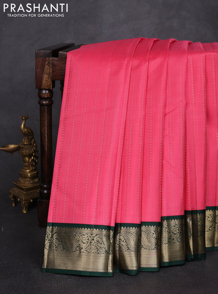 Pure kanchipuram silk saree peach pink and green with allover zari stripes & zari woven 1000buttas and zari woven korvai border