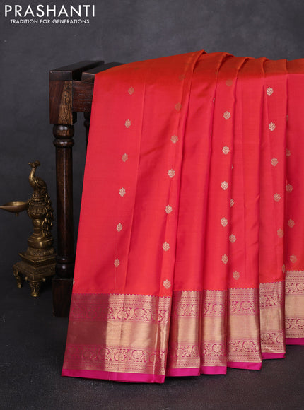 Pure kanchipuram silk saree orange and pink with allover zari woven 1000 buttas and rich zari woven border