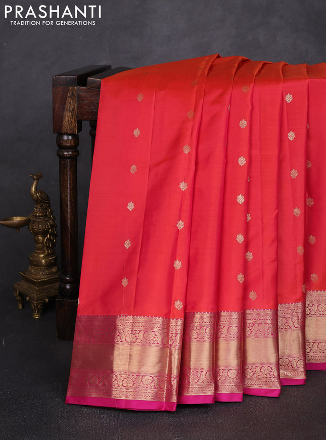 Pure kanchipuram silk saree orange and pink with allover zari woven 1000 buttas and rich zari woven border
