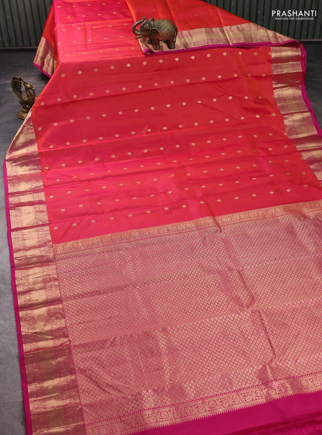Pure kanchipuram silk saree orange and pink with allover zari woven 1000 buttas and rich zari woven border