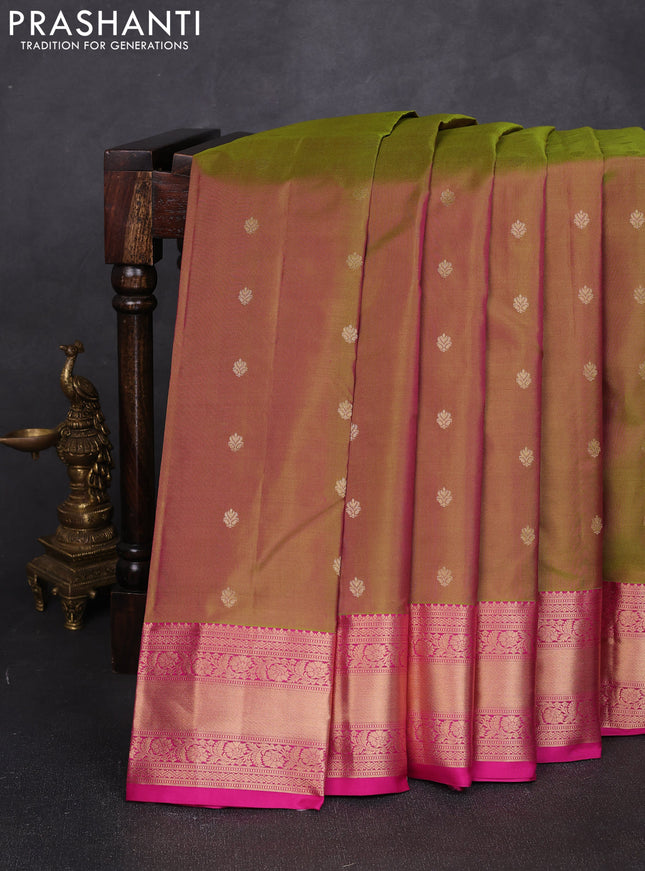 Pure kanchipuram silk saree mehendi green and pink with allover zari woven 1000 buttas and rich zari woven border