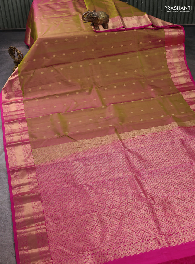 Pure kanchipuram silk saree mehendi green and pink with allover zari woven 1000 buttas and rich zari woven border