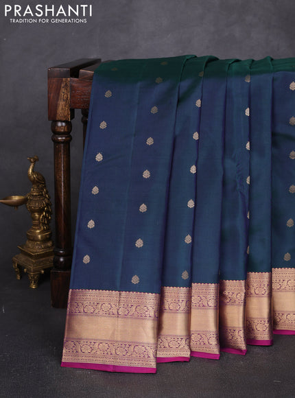 Pure kanchipuram silk saree dual shade greenish blue and magenta pink with allover zari woven 1000 buttas and rich zari woven border