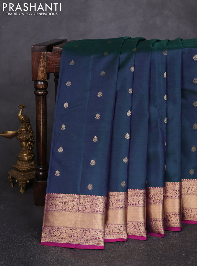 Pure kanchipuram silk saree dual shade greenish blue and magenta pink with allover zari woven 1000 buttas and rich zari woven border