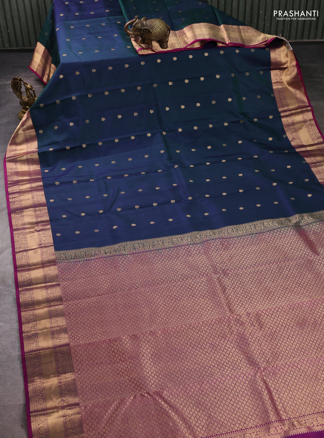 Pure kanchipuram silk saree dual shade greenish blue and magenta pink with allover zari woven 1000 buttas and rich zari woven border
