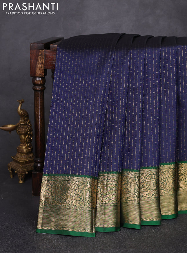 Pure kanchipuram silk saree navy blue and green with allover weaves & zari woven 1000 buttas and zari woven border