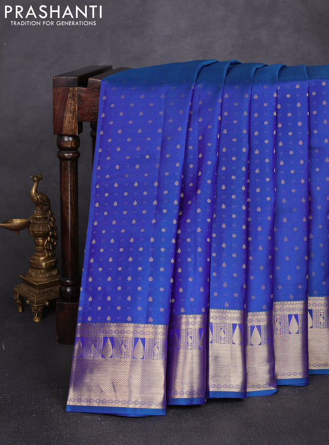 Pure kanchipuram silk saree dual shade of blue with allover zari woven 1000 buttas and zari woven border