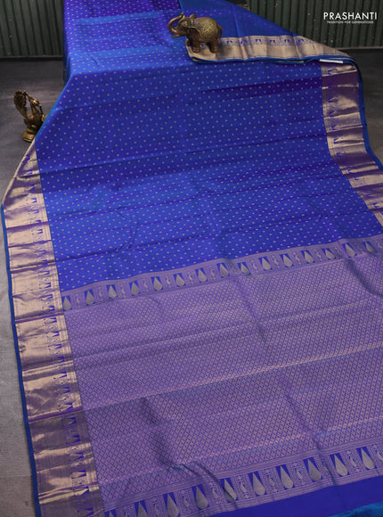 Pure kanchipuram silk saree dual shade of blue with allover zari woven 1000 buttas and zari woven border