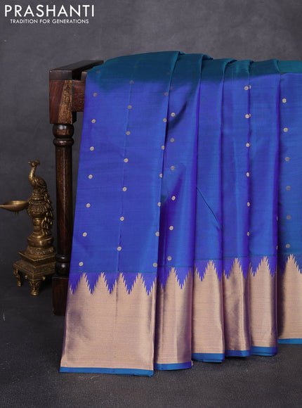 Pure kanchipuram silk saree dual shade of bluish green with allover zari woven 1000 buttas and temple zari woven border
