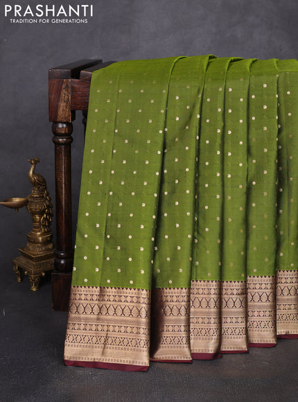 Pure kanchipuram silk saree mehendi green and deep maroon with allover zari woven 1000 buttas and zari woven korvai border