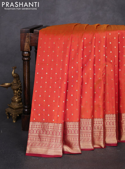 Pure kanchipuram silk saree rust shade and maroon with allover zari woven 1000 buttas and zari woven korvai border