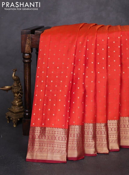 Pure kanchipuram silk saree orange and deep maroon with allover zari woven 1000 buttas and zari woven korvai border