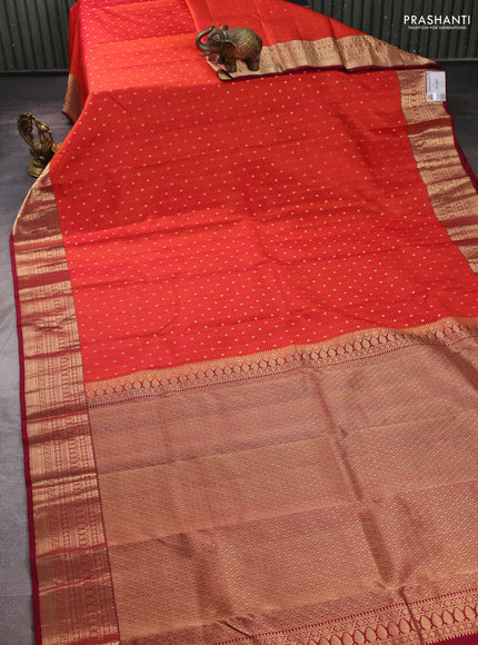 Pure kanchipuram silk saree orange and deep maroon with allover zari woven 1000 buttas and zari woven korvai border