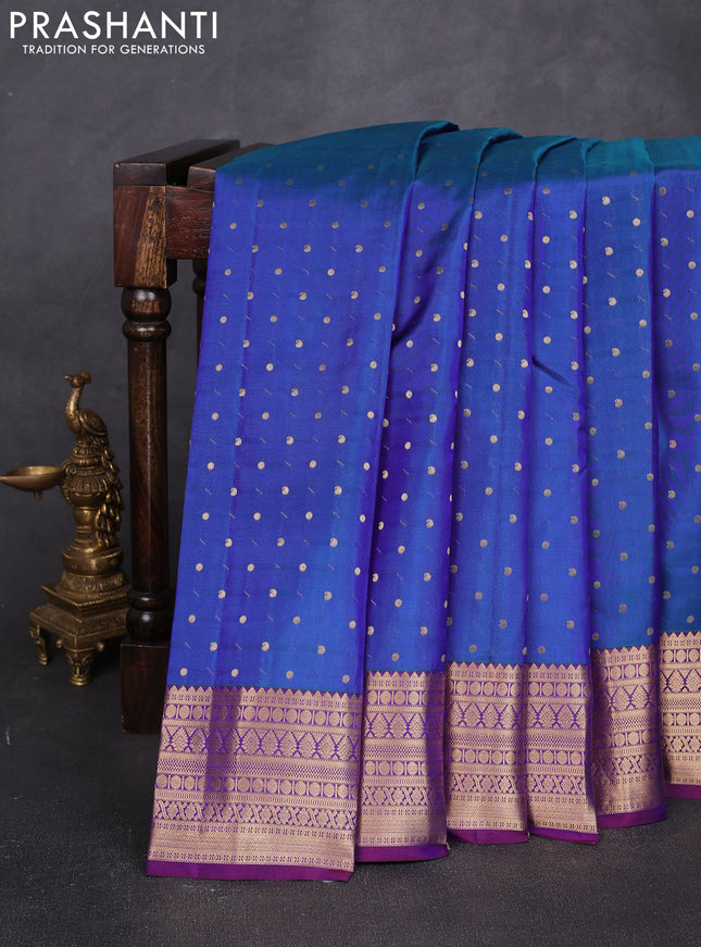Pure kanchipuram silk saree dual shade of purple and purple with allover zari woven 1000 buttas and zari woven korvai border