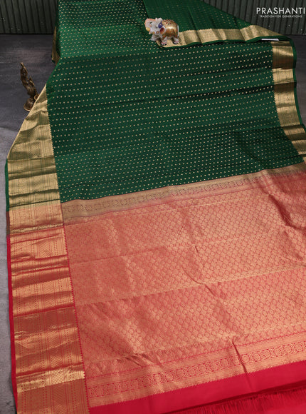Pure kanchipuram silk saree bottle green and maroon with allover zari woven 1000 buttas and long zari woven border