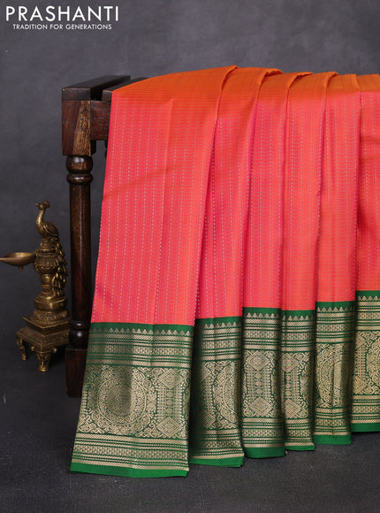 Pure kanchipuram silk saree orange and green with allover checks & zari woven 1000 buttas and long zari woven border