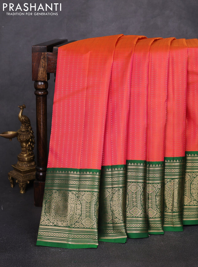 Pure kanchipuram silk saree orange and green with allover checks & zari woven 1000 buttas and long zari woven border