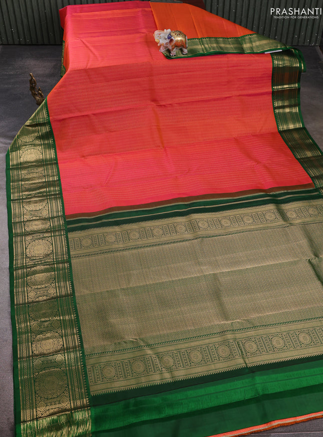 Pure kanchipuram silk saree orange and green with allover checks & zari woven 1000 buttas and long zari woven border