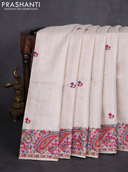 Pure tussar silk saree beige with embroidery work buttas and embroidery border