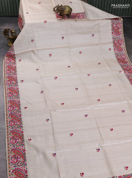 Pure tussar silk saree beige with embroidery work buttas and embroidery border