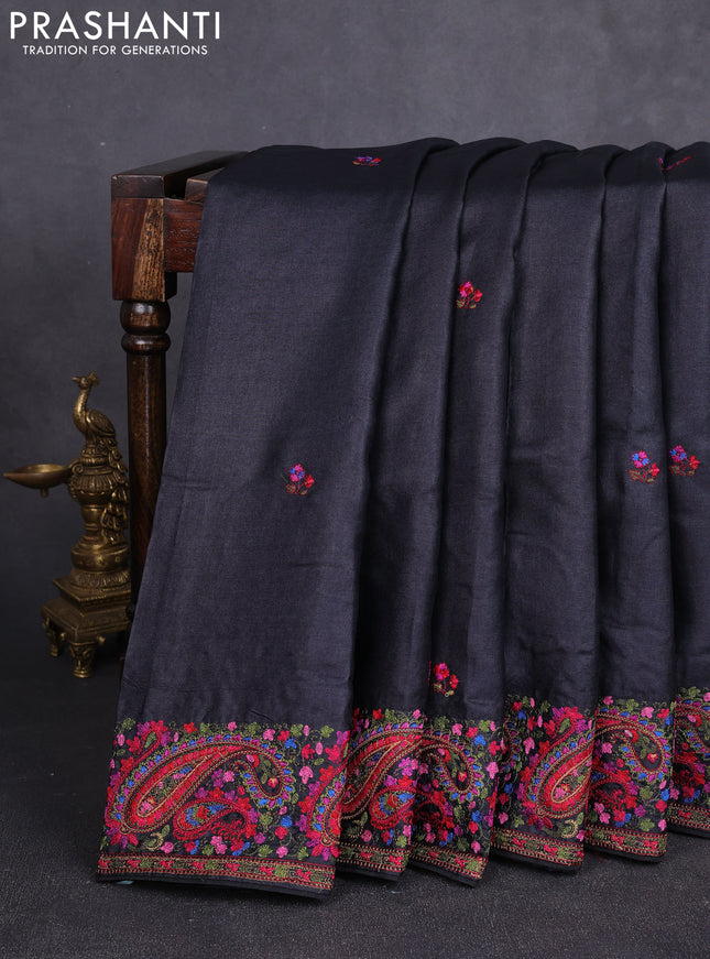 Pure tussar silk saree black with embroidery work buttas and embroidery border