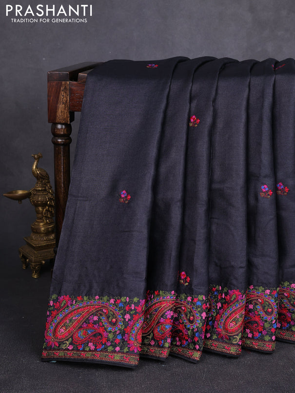 Pure tussar silk saree black with embroidery work buttas and embroidery border