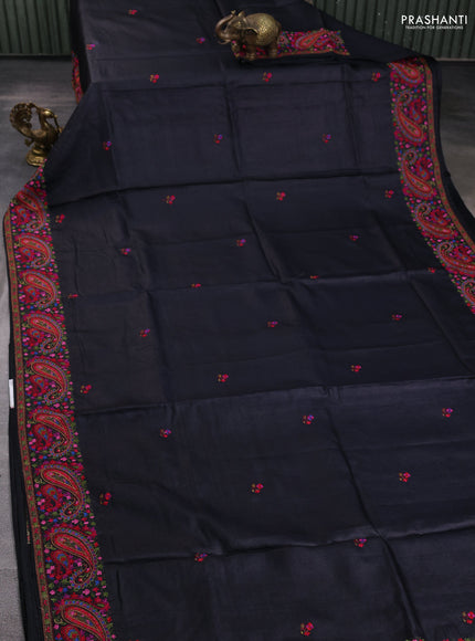 Pure tussar silk saree black with embroidery work buttas and embroidery border