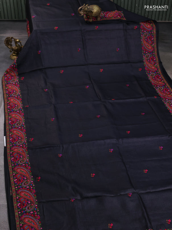 Pure tussar silk saree black with embroidery work buttas and embroidery border