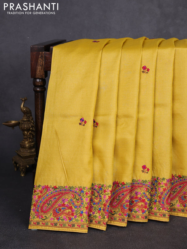Pure tussar silk saree yellow with embroidery work buttas and embroidery border
