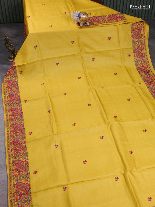 Pure tussar silk saree yellow with embroidery work buttas and embroidery border