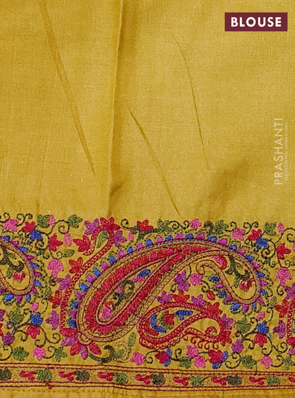 Pure tussar silk saree yellow with embroidery work buttas and embroidery border