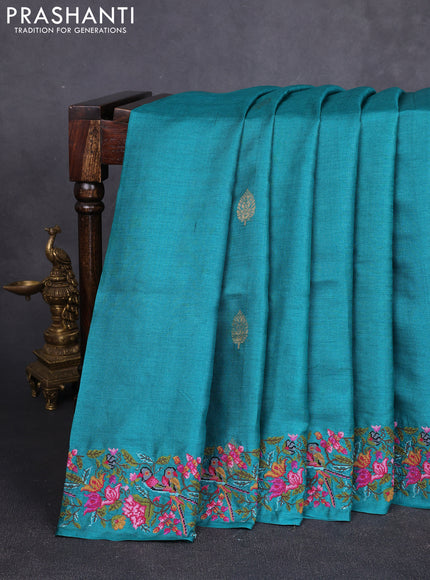 Pure tussar silk saree peacock green with zari woven buttas and convent embroidery border