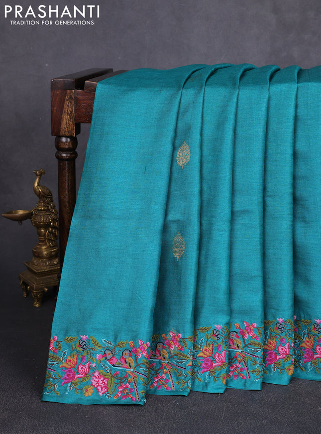 Pure tussar silk saree peacock green with zari woven buttas and convent embroidery border